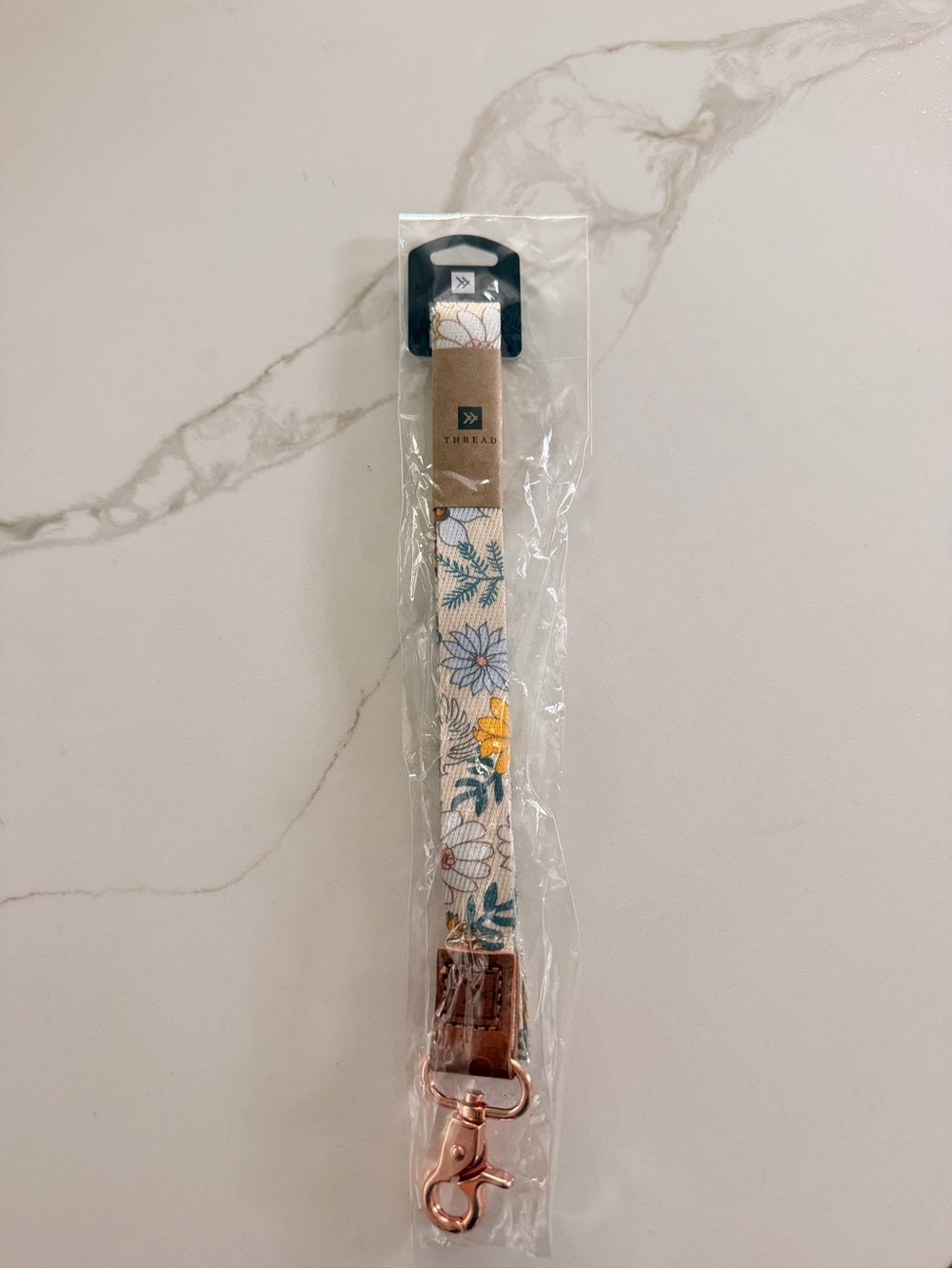 Thread Floral Lanyard Strap in Beige with Blue & Yellow Flowers